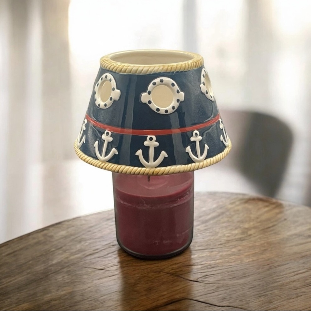Nautical Ceramic Candle Shade Anchor Porthole Navy Rope Coastal Beach Decor
